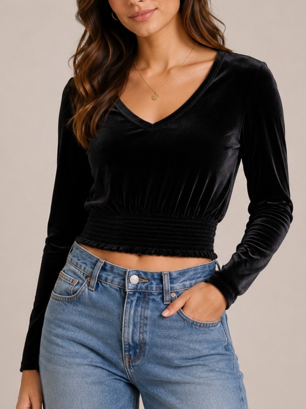 Joe Fresh Black Velvet Long Sleeve Scoop Neck Cropped Blouse Top XS